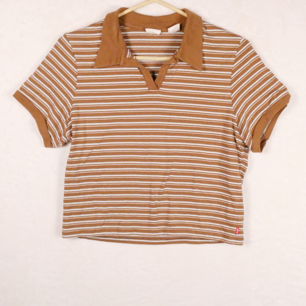 Levi's Brown Striped Cropped Polo Tee Size L Preppy Grunge Y2K Skater Crop Top